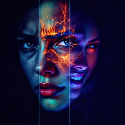 The primary subject of the image is a woman with a smiling expression. She is wearing a black shirt and has a blue and red color scheme. The setting is a dark room, and the visual style appears to be a digital art or illustration. The overall atmosphere is one of happiness and joy.
